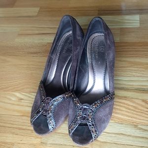 Cole Haan chocolate brown suede wedge heel peep toe with croc detail